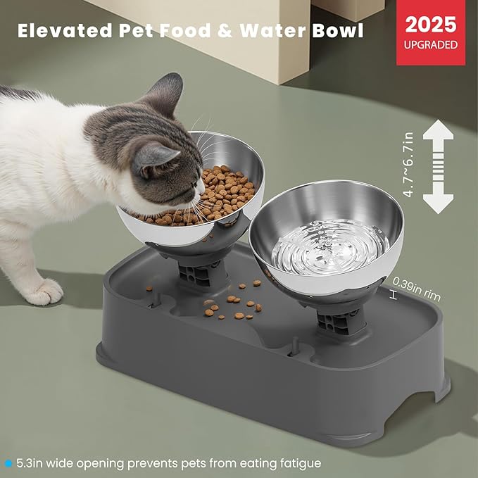 Elevated Cat Bowls, 4 Height Adjustable Cat Food Bowl Stainless Steel, Raised Dog Cats Bowls Elevated Pet Food and Water Bowl, Non-Slip Tilted Pet Feeder Anti Spill for All Cats Puppies