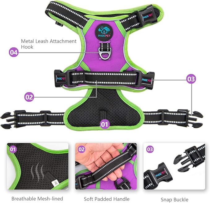 PHOEPET 2019 Reflective Dog Harness Large Breed Adjustable No Pull Vest with with Handle 2 Metal Rings 3 Buckles [Easy to Put on & Take Off](XL, Purple)
