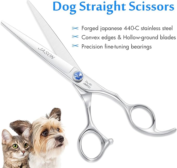 JASON 7" Straight Dog Grooming Scissors, Ergonomic Pets Grooming Shears, Premium Cats Trimming Kit with Offset Handle and Jewelled Screw, Sharp, Comfortable Christmas Gift