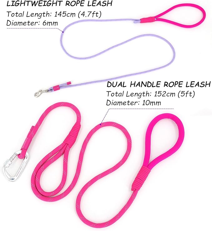 Twin Tails Leash Set - 5ft Double Handle Dog Leash and 4.5ft Lightweight Premium Rope Dog Leashes, Kid-Friendly Family Set, Reflective Pet Leashes for Small Medium and Large Dogs