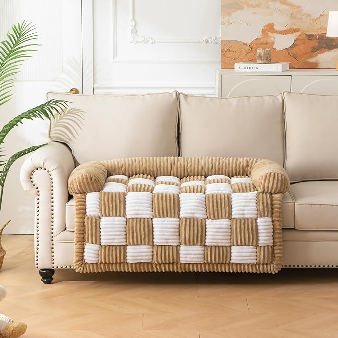 Dog Bed for Couch with Bolster, Comfy Couch Cover for Dogs Washable, Non-Slip Plush Furniture Protector, Calming Fuzzy Lounge Mat, Pet Sofa Accessories (Camel, Medium)