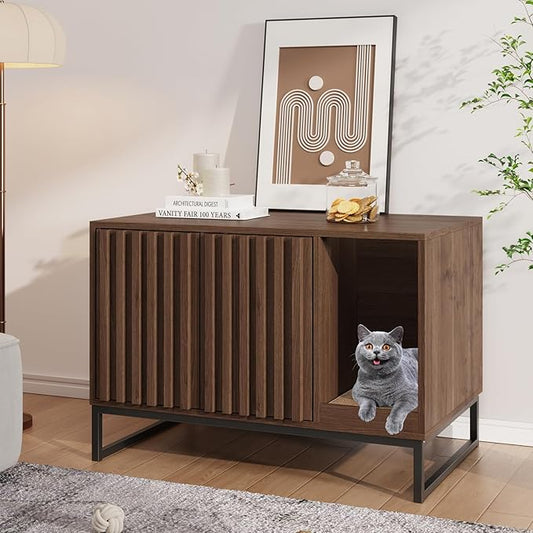 Cat Litter Box Enclosure, Modern Hidden Litter Box Furniture with Scratch Pad, Indoor Cat Washroom House End Table, Entryway Bench for Livingroom (Walnut)