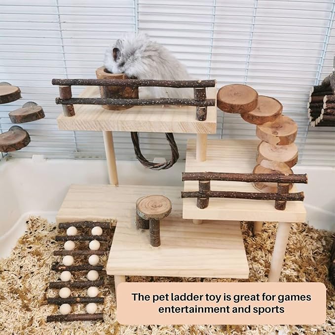 HOSUKKO Hamster Climbing Toys 3-Tier Extra Large Hamster Playground Natural Wooden Small Animal Platform Toys Hamster Exercise Activity Climbing Platform with Bridge for Gift