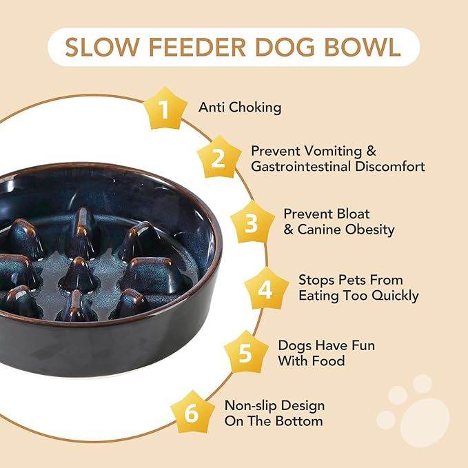 Ceramic 1.2 Cup Dog Bowl Slow Feeder, 7.3 inch Slow Pet Food Dish for Medium and Small Dog, Stop Bloat, Preventing Choking(Single Bowl, Starry Sky)