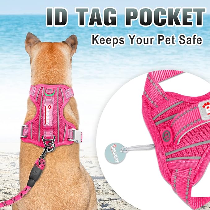 BARKBAY No Pull Dog Harness Large Reflective Dog Harness with Front Clip and Easy Control Handle for Walking Training Running with ID tag Pocket(Pink,M)
