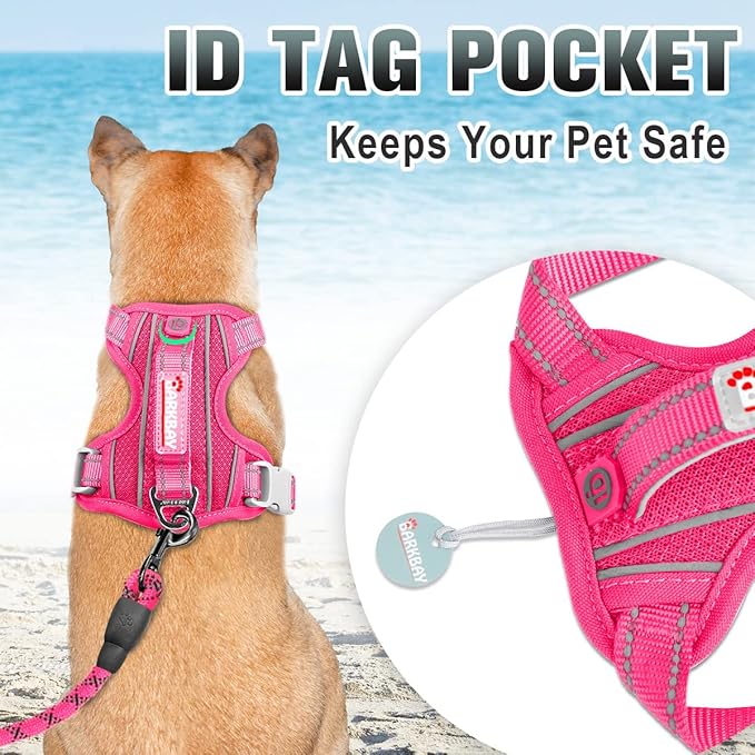 BARKBAY No Pull Dog Harness Large Reflective Dog Harness with Front Clip and Easy Control Handle for Walking Training Running with ID tag Pocket(Pink,XL)