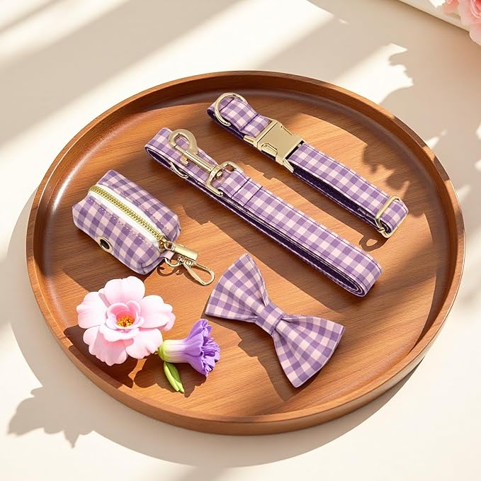 PETDURO Personalized Dog Collar Purple Gingham Plaid for Large Medium Dogs | Engraved Name and Phone Number on Gold Metal Buckle for Girls | Add Leash & Bow Tie via Customize Now