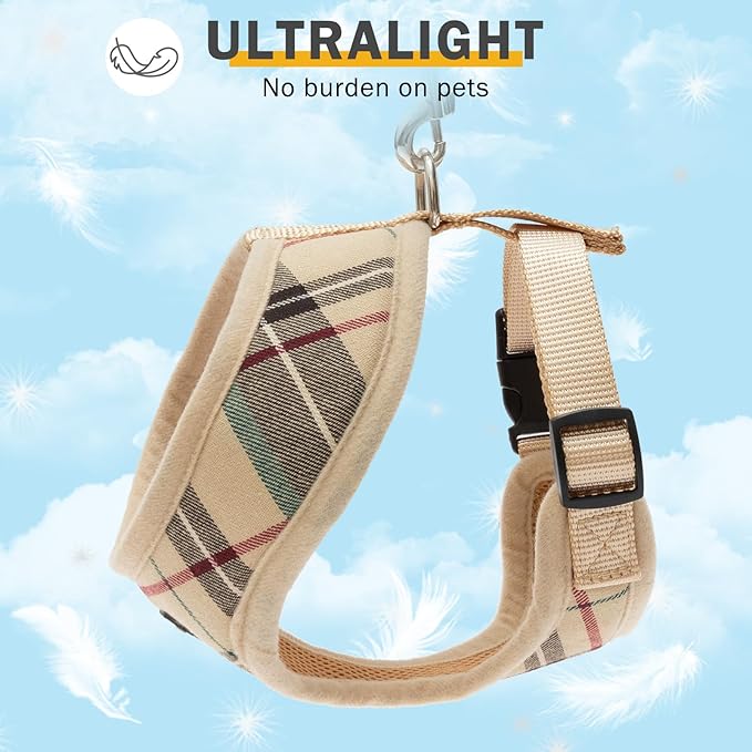 SCENEREAL Puppy Dog Harness with Leash Set for Small Medium Sized Dogs, Soft Mesh Step in Pet Harnesses and Leash, No Chock Plaid Adjustable No Pull Vest for Dogs Cats, Chihuahua,Bulldog (Beige S)