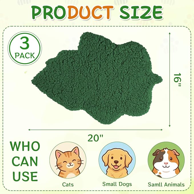 3 Pack Self Warming Cat Dog Bed Leaf Shape Self Heating Pet Mat Non Electric Washable Thermal Sleeping Pad Plush Heated Pet Mat for Crate Floor Indoor Outdoor(Dark Green,Small-16 x20)