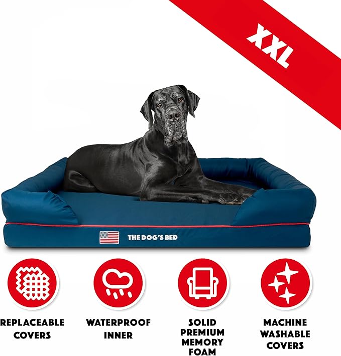 The Dog’s Bed, XXL Blue Oxford with Red Trim USA Flag Dog Bed, Memory Foam, Pain Relief: Arthritis, Post Surgery, Lameness, Supportive, Calming, Waterproof Washable Cover, Veterinary Approved