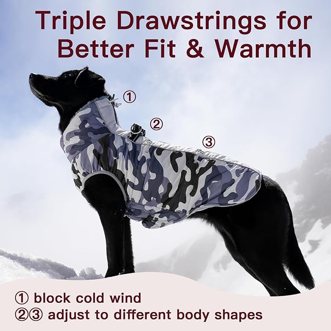 Dog Coat Dog Winter Jacket-3X Large, Warm Dog Coat Zip Up Snowsuit Dog Harness Vest Reflective Water-Resistant Dog Coat Dog Snow Jacket for Large Dogs Labrador, Huskyn, Grey-Camouflage