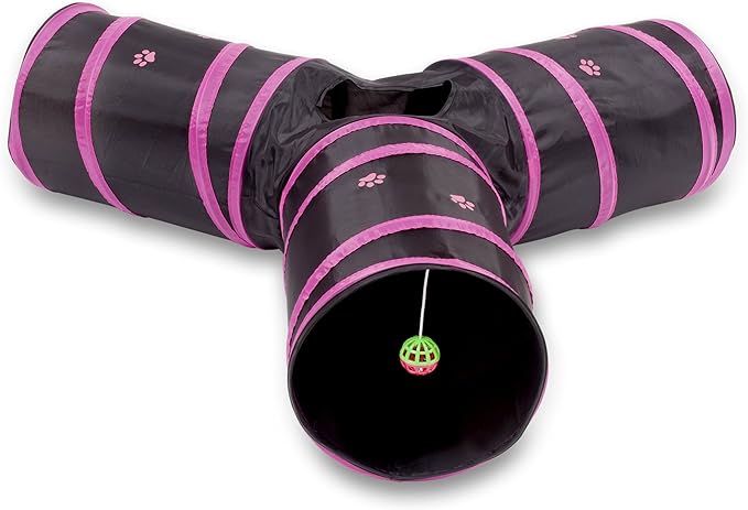 Cat Tunnel - Collapsible 3 Way Play Toy - Interactive Tube Toys for Rabbits, Kittens, and Dogs - Black/Pink