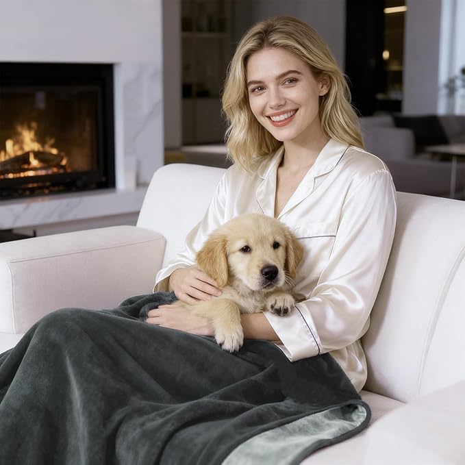 QiyI Waterproof Blanket for Bed Couch Sofa, Small Washable Reversible & Reusable Pet Dog Cat Throw Blanket, Leakproof Stain Resistant Sofa Cover, 40"x60", Dk Grey/Lt Grey