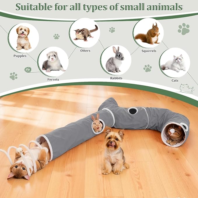 Ownpets 2-in-1 Cat Tunnel, Large Lollipop Shape Cat Tunnel Toy with Fluffy Balls, Spiral Toy, Plush Collapsible Cat Cave Hideout Donut Tunnel for Multi Kitten Puppy Rabbit (Grey)