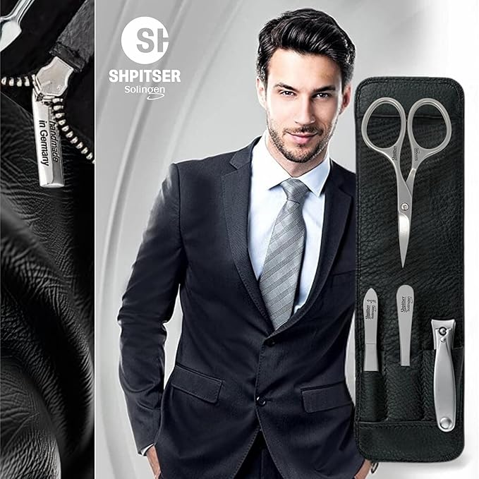 Shpitser Manicure and Pedicure Set of 4 Surgical Stainless Steel Instruments, Made in Solingen, Germany, Luxury Topinox Grooming Kit In Full Grain Nappa Leather Case (Black)