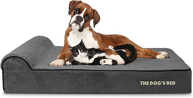 The Dog’s Bed Orthopedic Headrest Dog Bed XL Grey Plush, Memory Foam, Pain Relief for Arthritis, Hip & Elbow Dysplasia, Post Surgery, Lameness, Waterproof Washable Cover