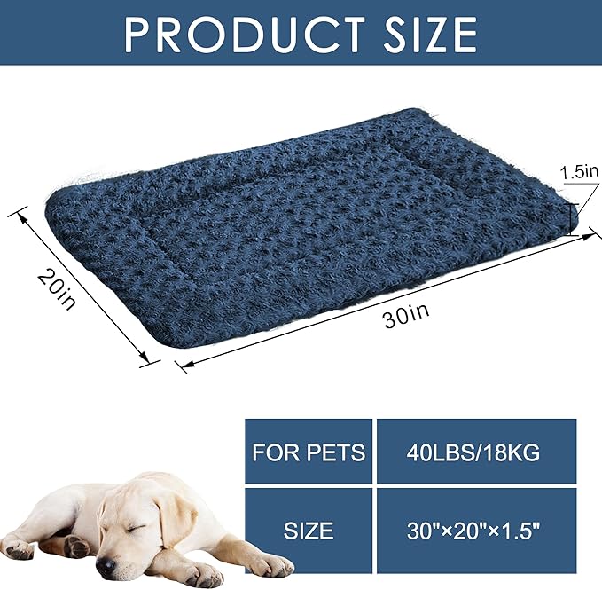 Washable Dog Bed Plush Orthopedic Outdoor Crate Mat with Non-Slip Bottom,Luxe Soft Kennel Pad for Pets, Cozy Cage Cushion & Pet Sleeping Mattress Large Sized,Medium,Small Dogs,30 x 20 inch,Blue