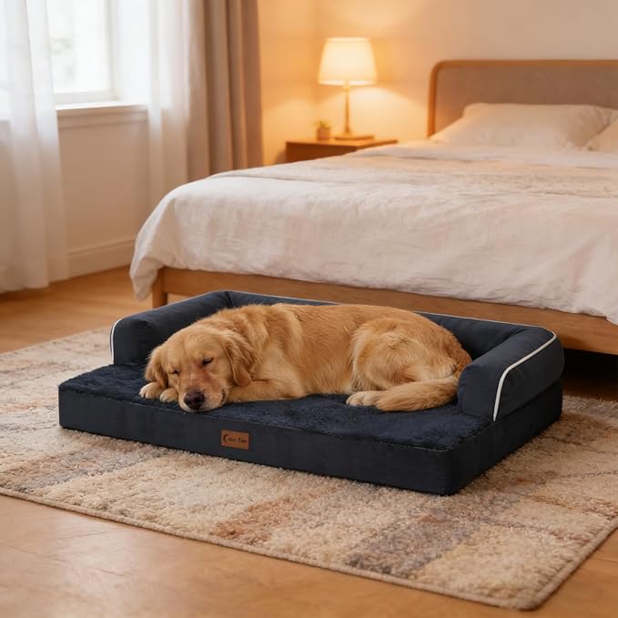 Orthopedic Dog Beds for Extra Large Dogs, Waterproof Egg Crate Foam XL Dog Bed with Sides 48x30Inch, Big Dogs Couch Beds with Removable Washable Cover and Nonskid Bottom, Navy Blue