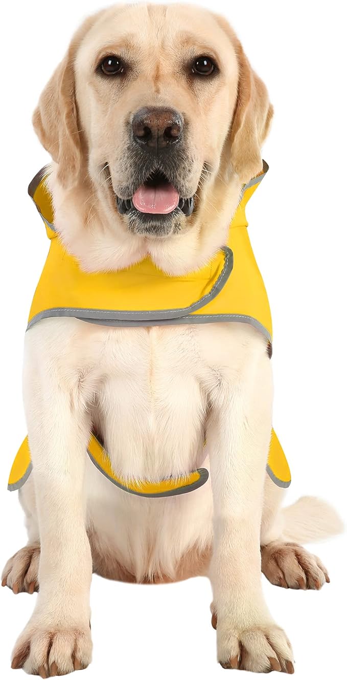 Dog Raincoats for Large Dogs Waterproof Hooded Rain Jacket with Reflective Strips Leash Hole & Poncho Adjustable Fit (Yellow,L)