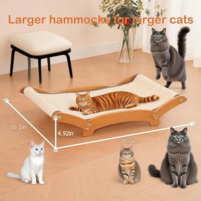 Larger Cat Scratcher Bed for Indoor Cats, Sisal Durable Cat Scratch Pad with Hammock for Indoor Cats Lounger & Sleep & Scratch, Natural Sisal Scratching Post, Sturdy Solid Wood Frame