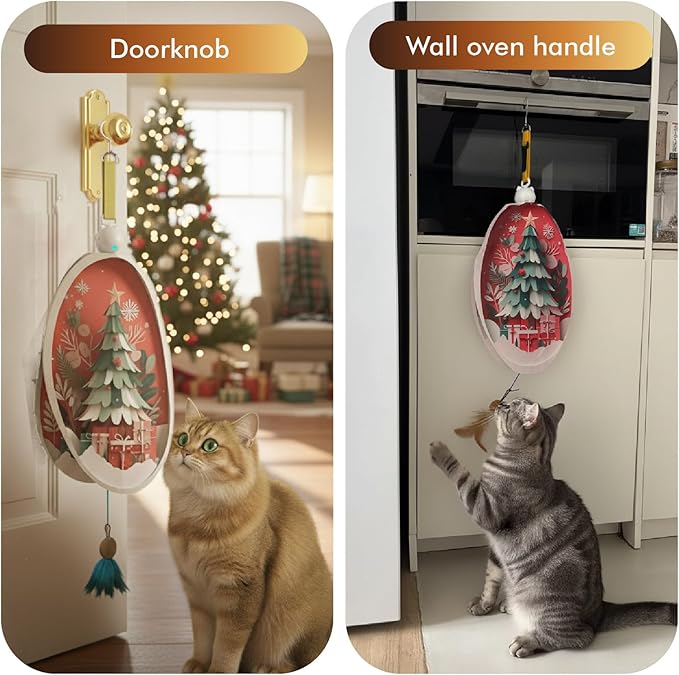 Interactive Cat Toys for Indoor Cats, Automatic Concealed Hide and Seek Hanging Feather Cat Toy, Rechargeable Motion-Activated Enrichment Toys for Bored Adult Cats (Christmas Tree Pattern）