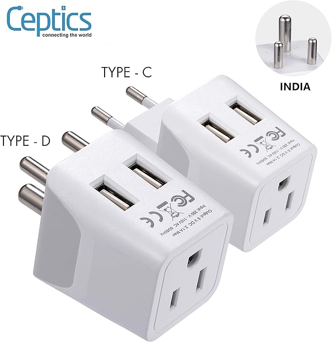 Ceptics India Travel Plug Set - with 2 USB + USA Socket Input - Type C and Type D- Ultra Compact - Safe Grounded Perfect for Cell Phones, Laptops, Camera Chargers