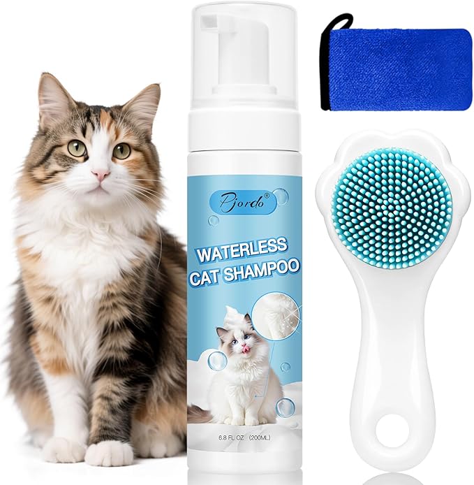 Waterless Cat Shampoo with Brush and Cloth, 6.8 FL OZ Cat Shampoo and Conditioner, Cat Dry Shampoo, No Rinse Formula for Quick Clean, Care for Cats and Kittens with Itching & Sensitive Skin