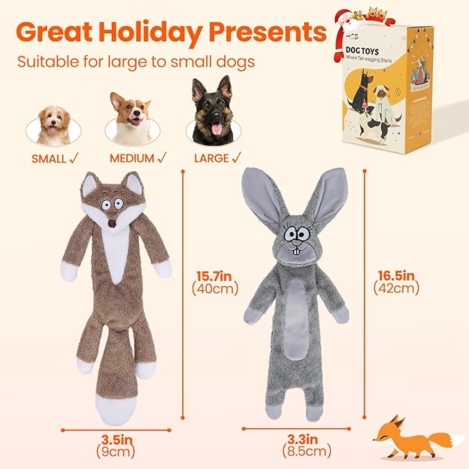HGB No Stuffing Dog Toys for Aggressive Chewers, Squeaky Crinkle Plush Dog Toys to Keep Them Busy & Puppy Teething for Small, Medium, Large Breed, Cute Bunny & Redfox
