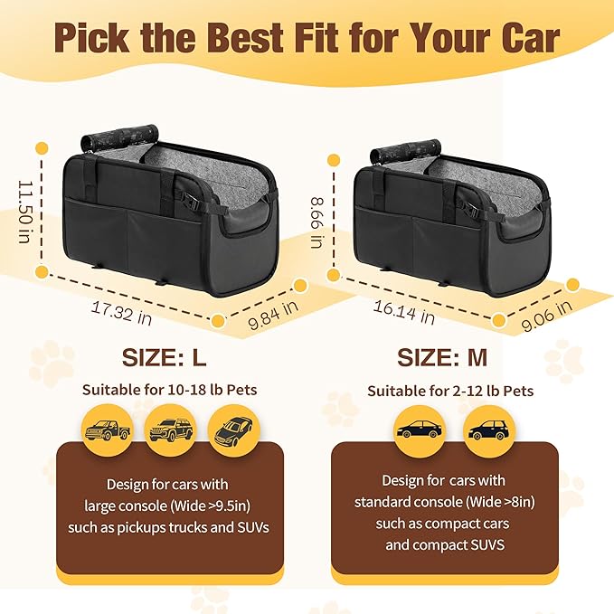 YUDODO Center Console Dog Car Seat, Anti-Slip Pet Cat Booster Seat for Small Dogs, Portable Puppy Bed Carseat Carrier PU Leather Black