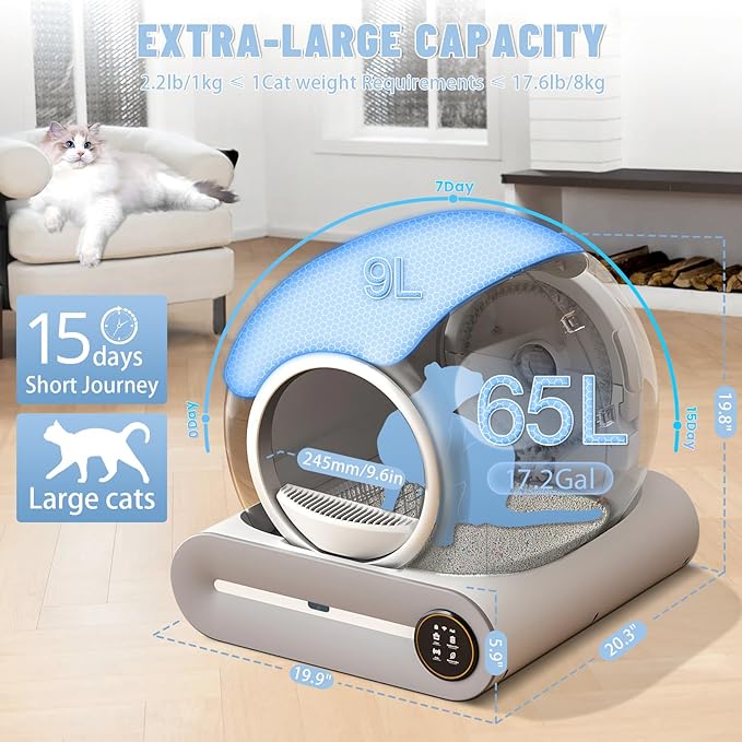 SUW Self Cleaning Litter Box, Automatic Cat Litter Box Self Cleaning for Multiple Cats, 65L+9L Robot, 3 Rolls Grabage Bags Liner, Negative ion Deodorization, APP Control, Toilet Monitorin,White