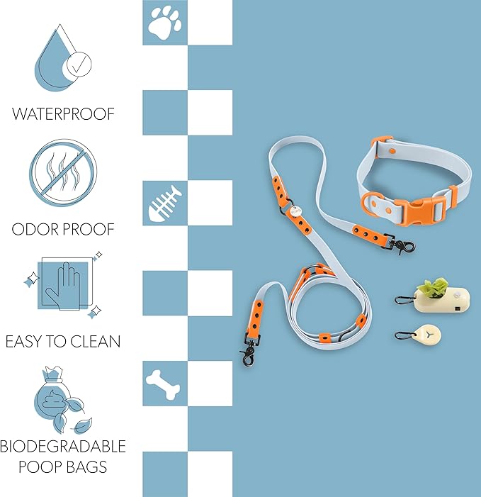 WLK1006D-5SET Luna Large 8FT Adjustable 6-in-1 Waterproof Hands-Free Leash and Collar with LED Flashlight, Bag Dispenser, and Poop Bag Holder, Fishbowl