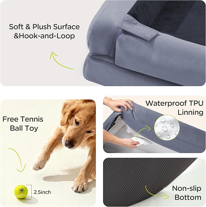 Extra Large Dog Bed, Orthopedic XL Washable Bed for Big Dog Waterproof Pet Couch Sofa Bolster with Removable Cover, Non-Slip Bottom, Tennis Ball Toy, 42x30