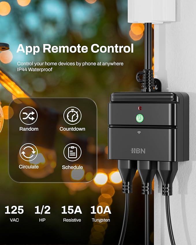 HBN Outdoor Smart Plug,Wi-Fi & Bluetooth Heavy Duty Outlet with 3 Independent Outlets,Compatible with Alexa and Google Assistant,IP44 Waterproof,Voice & APP Control Outlet,No Hub Required,ETL Listed