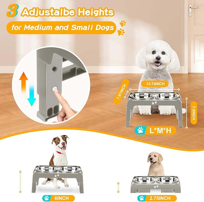 Elevated Bowls for Small Dogs - 3 Height Adjustable Raised Stand With 25oz Stainless Steel Food Bowls, Anti-Slip Feeder Adjusts to 7.5", 6", 2.75", Light Brownish Gray