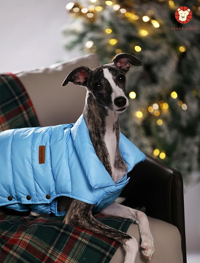 SPACE LION Dog Puffer Jacket, Down Winter Coat, Durable Outdoor Coat for Cold and Windy Conditions, Lightweight & Adjustable Fit Coats for Medium Dogs, (Blue, Size14/L)