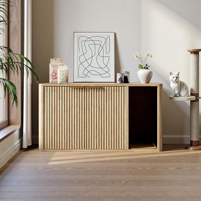 Evermagin 35.4" Oak Cat Litter Box Enclosure Furniture with Cat Scratch Pad, Large Hidden Litter Box Cabinet, Front Entry Can Install Left/Right, Mid Century Modern Kitty End Table, Kitty Bench