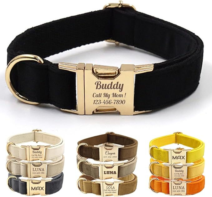 Velvet Personalized Dog Collar with Name - Customizable Dog Collar with Quick Release Metal Buckle - Leash and Bow Tie Available (Black, XL)