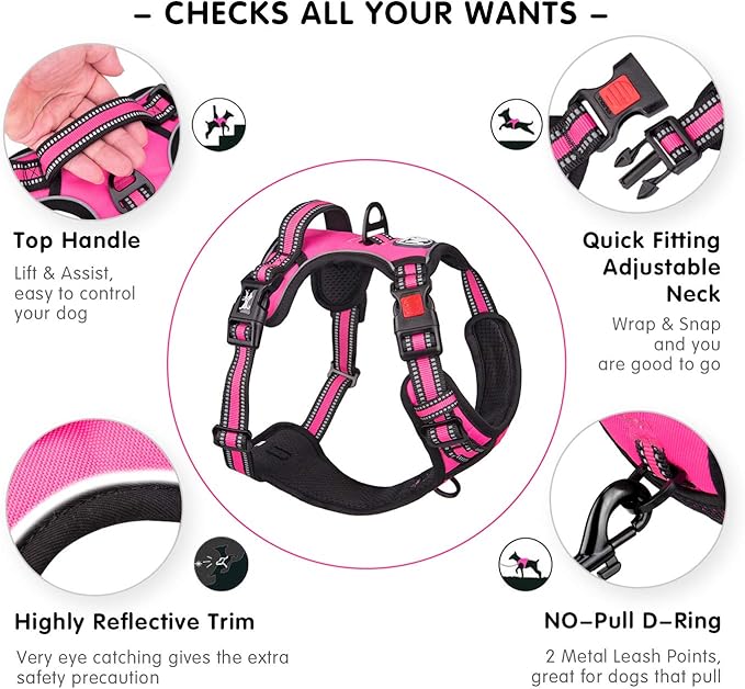 PoyPet No Pull Dog Harness, [Release on Neck] Reflective Adjustable No Choke Pet Vest with Front & Back 2 Leash Attachments, Soft Control Training Handle for Small Medium Large Dogs(Pink,S)