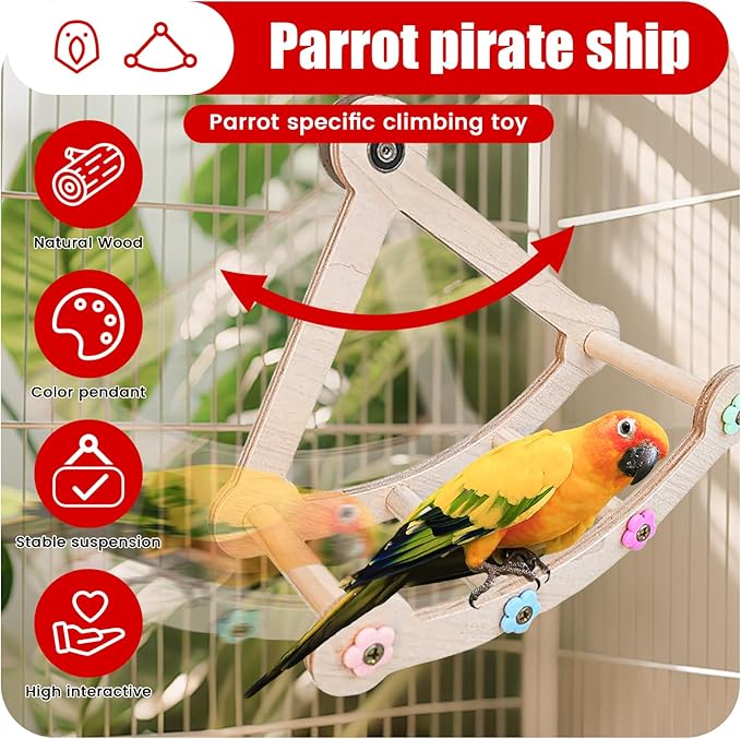 Bird Perch Toy, Interactive Rotating Toy, Wooden Parrot Perches, Bird Cage Accessories, Safe Wooden Construction, for Parakeets, Cockatiels & Small Parrots