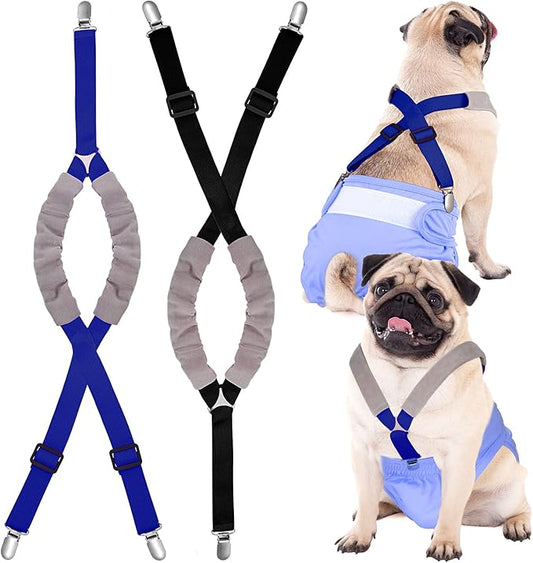 Saintrygo 2 Pcs Dog Suspenders for Diapers Female Male Belly Bands Canine Harness Keep Diaper on Your Pet for Small Medium and Large Dogs(Black, Blue,Large)