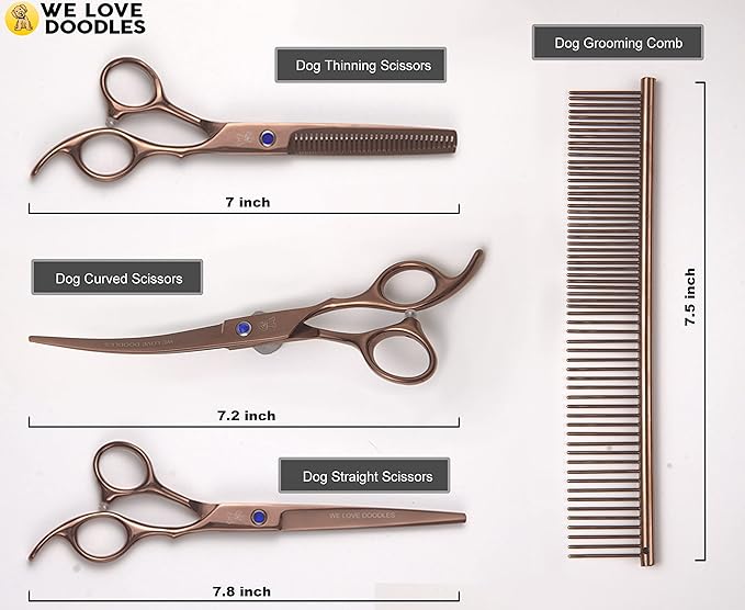 Dog Grooming Scissors Kit - Best Tools for Goldendoodles, Poodles & Doodles - Straight, Curved & Thinning Shears - Golden Doodle Grooming Kit - Professional Grade Steel, 4 Pc Set [We Love Doodles]