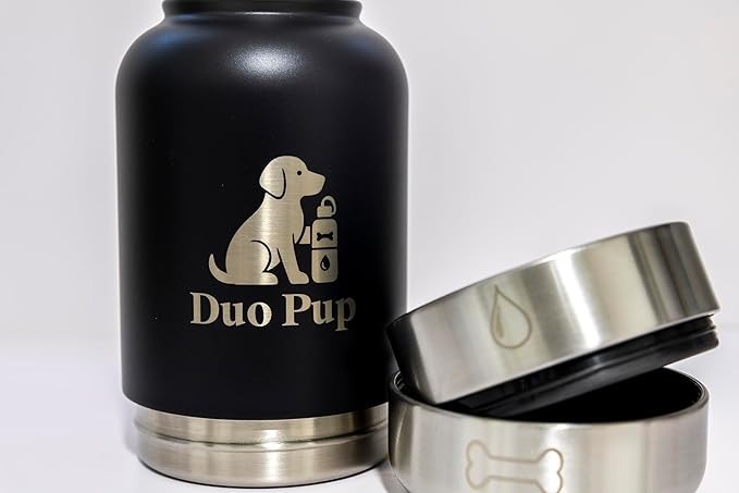 DuoPup 32oz Insulated Stainless Steel Pet Water & Food Bottle – Portable Leak-Resistant Dispenser with Two Detachable Bowls & Carrying Strap – Travel, Hiking & Outdoor Pet Hydration – Dark Green