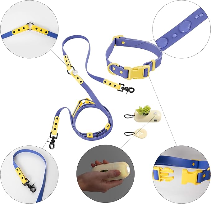 WLK1006C-5SET Luna Large 8FT Adjustable 6-in-1 Waterproof Hands-Free Leash and Collar with LED Flashlight, Bag Dispenser, and Poop Bag Holder, Curaçao
