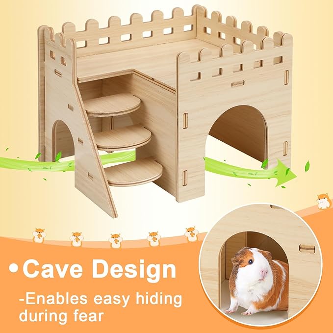 2 Pack Hamster Houses and Hideouts, Easy to Assemble Wooden Hamster Castle Small Animal House Bed with Stairs