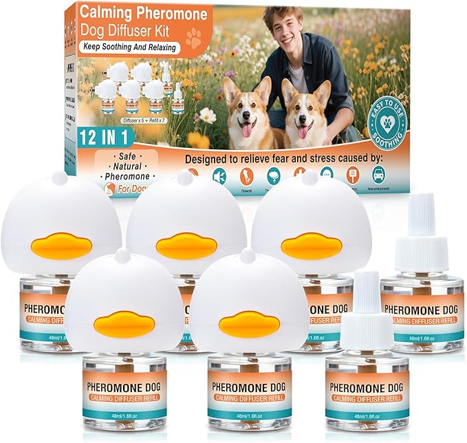 Dog Calming Pheromones Diffuser to Calm Pet 12 in 1 Advanced Kit Appeasing Pheromone for Anxiety Relief (5 Plug in+7 Pack 48ml Refill) Reduce Aggression Fighting Barking Stress (Tasteless)
