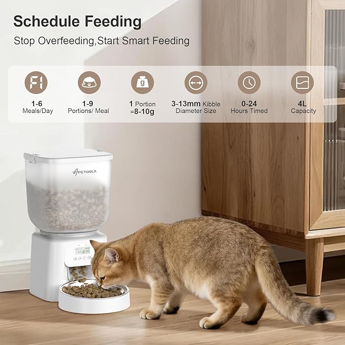 Automatic Cat Feeder, 4L/17Cups Timed Cat Dry Food Dispenser with Dual Power Supply, Programmable Portion Control, Auto Pet Feeder for Cats and Dogs