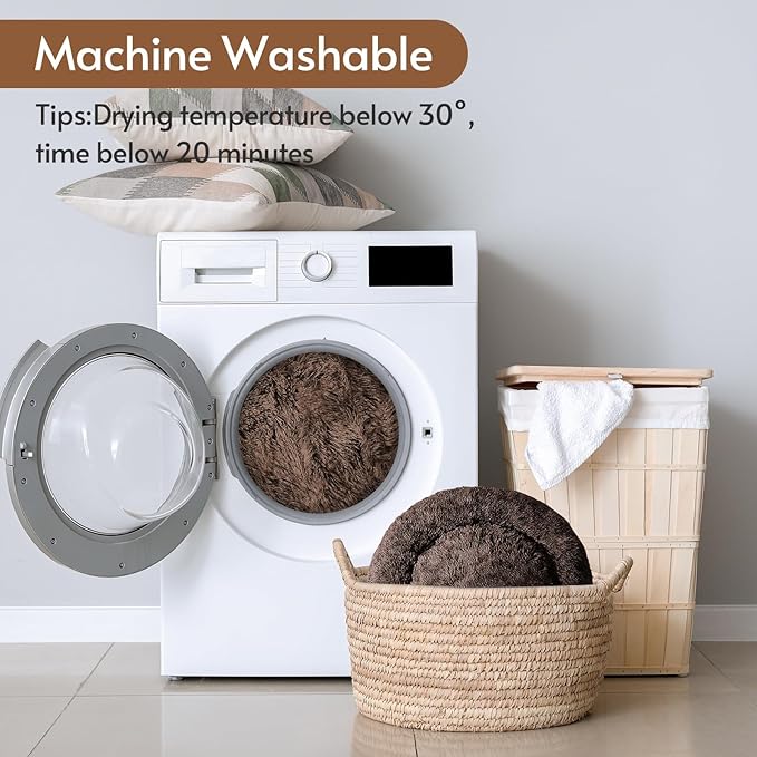 JOLLYVOGUE Calming Dog Bed for Small Dogs - 23 inches Donut Washable Small Dog Bed for Kittens & Puppies, Anti-Slip Round Fluffy Plush Faux Fur Cat Beds (Fits up to 25 lbs Pets, Coffee)