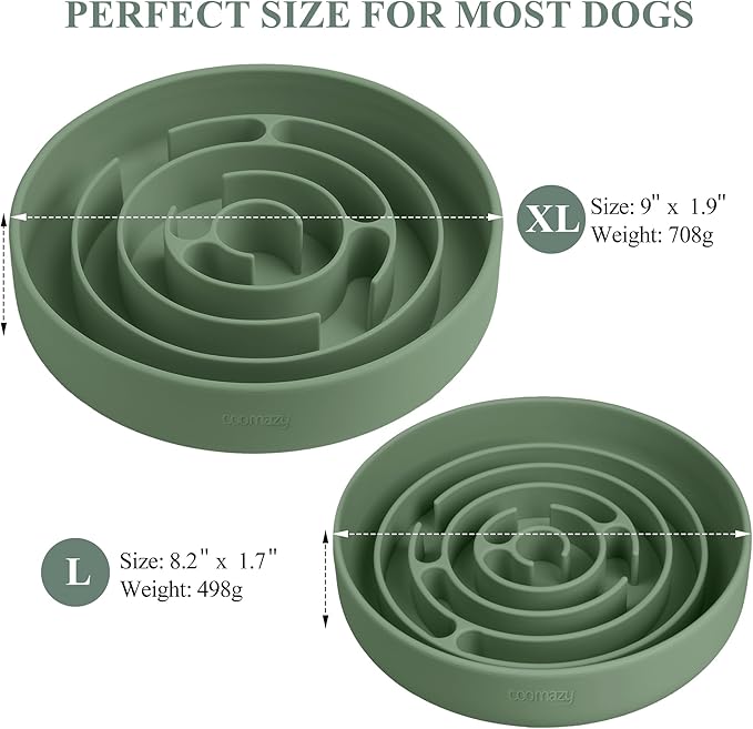Coomazy Extra Large Slow Feeder Bowl, Silicone Dog Bowl with Suction Cups, Slow Feeder & Non-Slip Design, Boredom and Anxiety Reducer, Suitable for Large Dogs, Avocado Green, 5 Cup