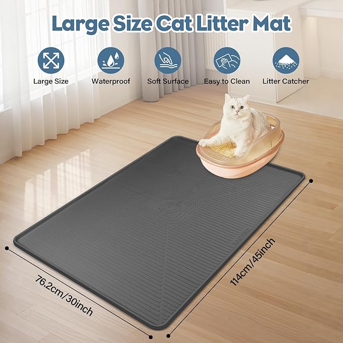 Lorvain Cat Litter Mats,45" x 30" Extra Large Silicone Cat Mat for Litter Box,Easy to Clean Kitty Litter Trapping Mat, Soft on Kitty Paws, Waterproof, Urine-Proof Kitty Litter Mats for Floor,Dark Grey