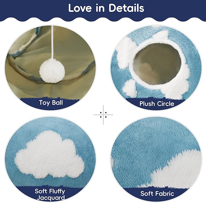 Tempcore Cat Tunnels for Indoor Cats, Cat Tube Toys 3 Way Collapsible, Pet Play Tunnel with Peek Hole Toy Ball for Kitty, Kitten, Rabbit, Blue Cloud